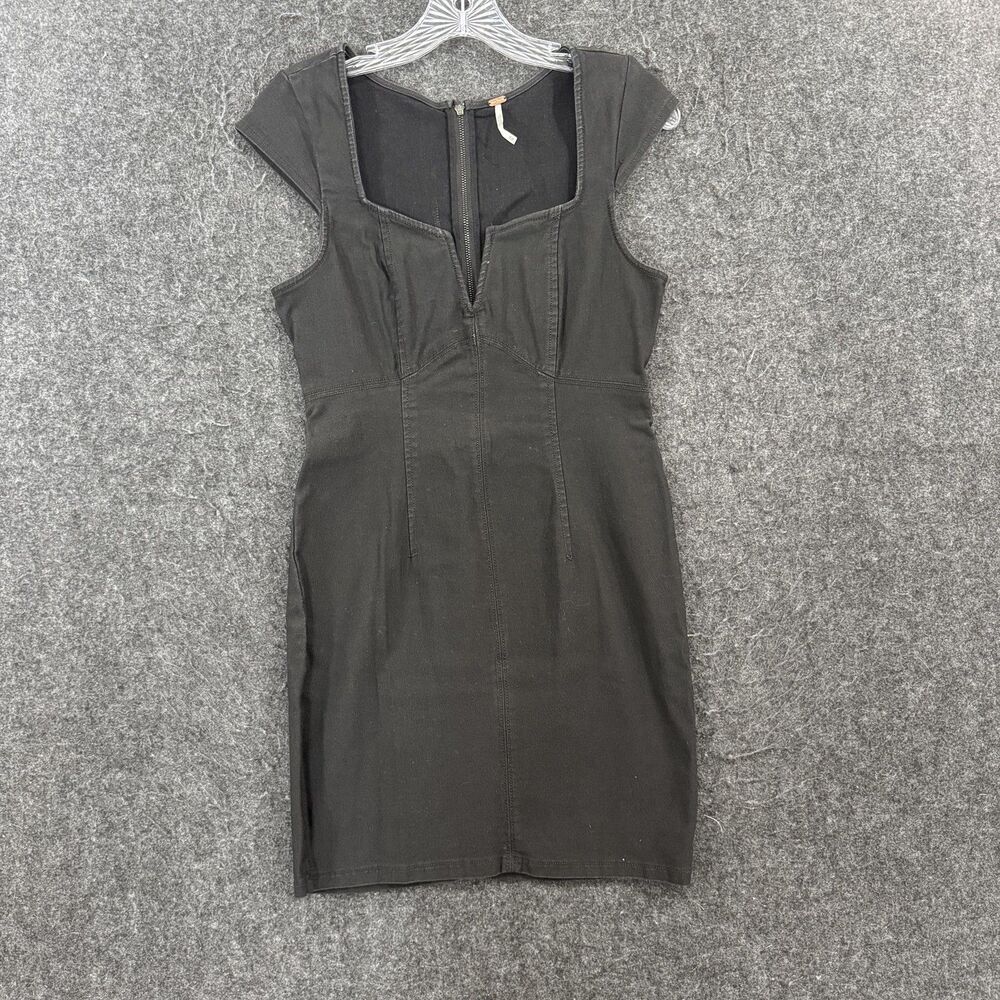 Free People Lia Dress Women's 4 Black Denim Bodycon Mini Stretch Square Neck